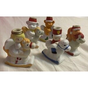 Set of  5 Jasco Holiday Buddy & Rocking Horse Taper Candle Holder Figures VTG